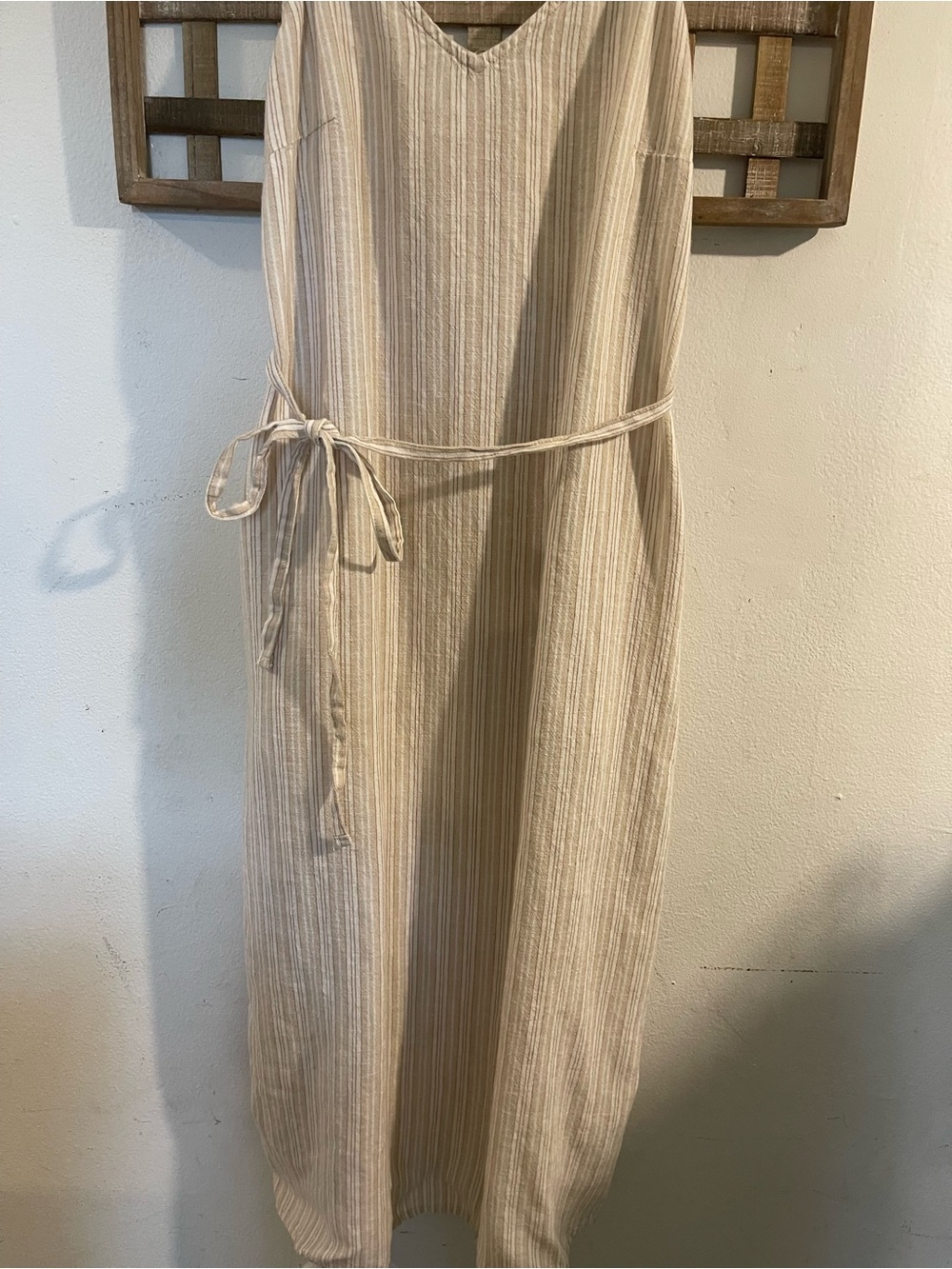 Women's XS Cream Striped Sleeveless Tie-Waist Dress Linen Blend